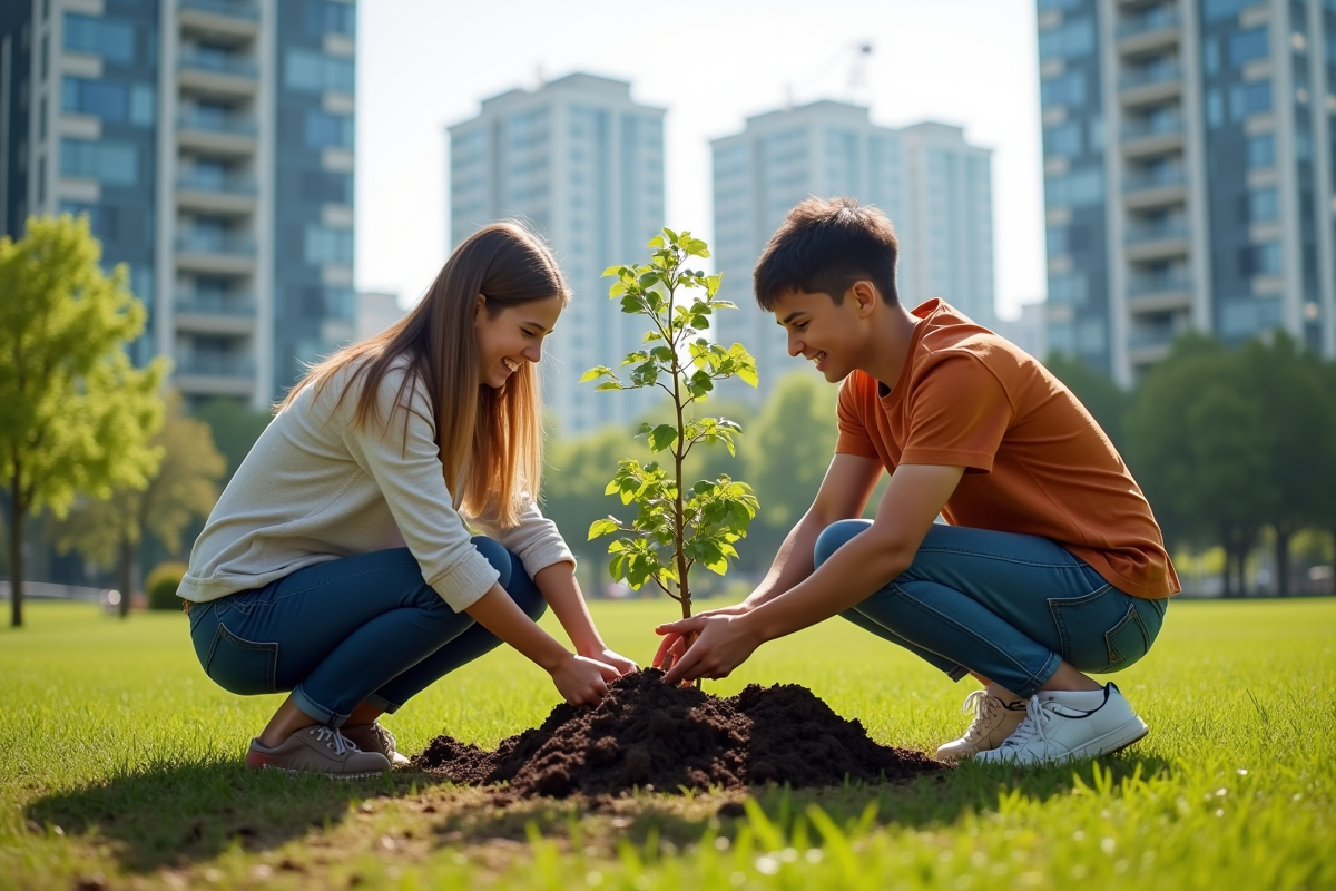 Deux jeunes plantant un arbre dans un parc urbain ensoleille