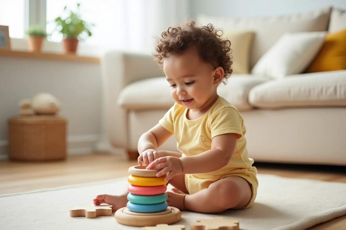 Bébé de 1 an assise sur un tapis en bois jouant avec des anneaux d'empilage colorés, jeu de motricité adapté aux nourrissons