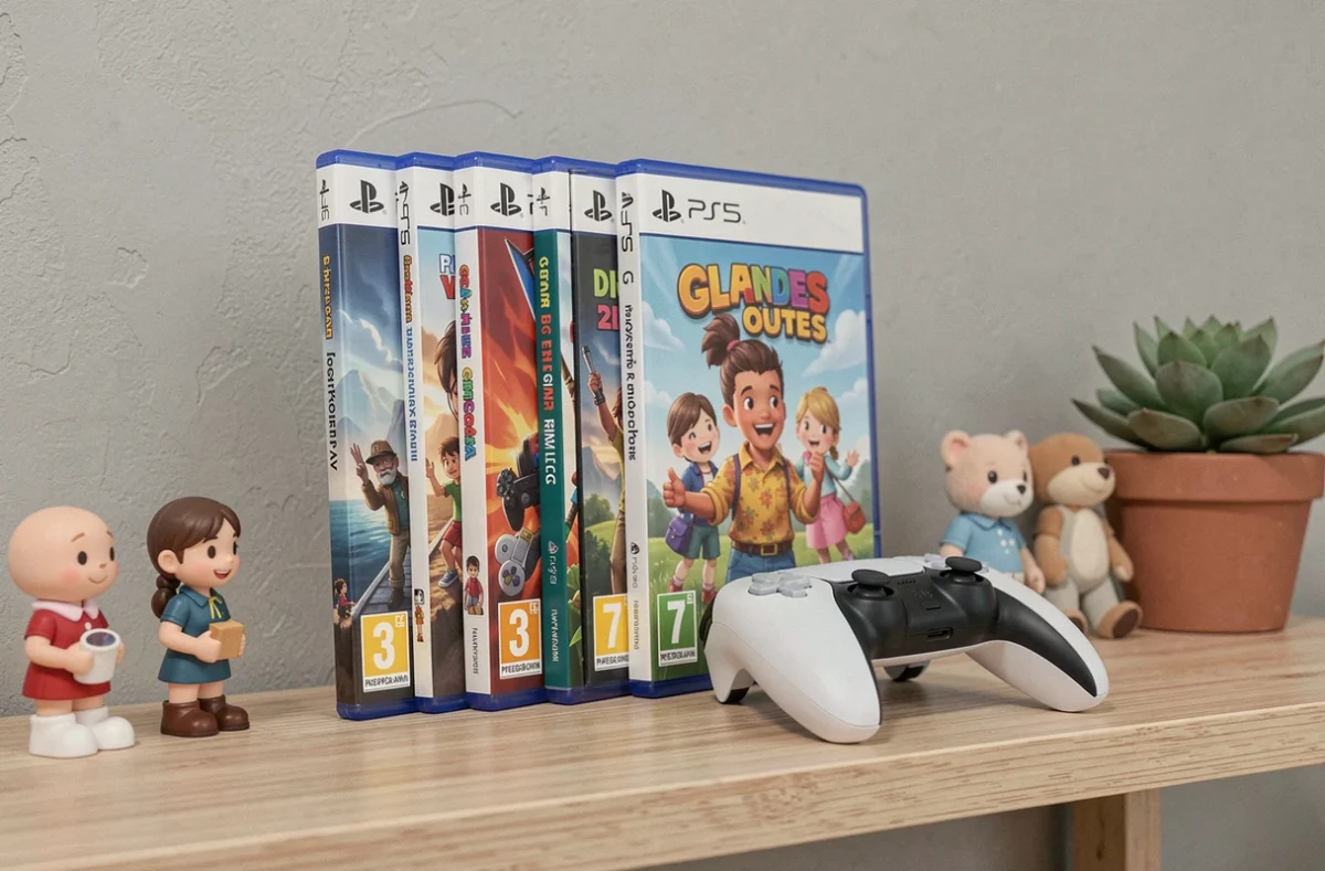 Jeux PS5 pour enfants classés PEGI 3 et PEGI 7 alignés sur une étagère avec une manette DualSense