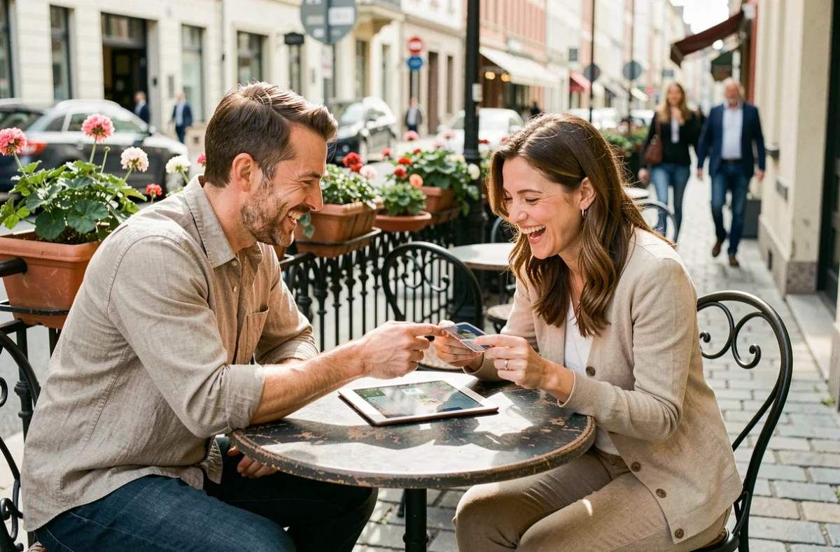 Deux amis jouant à un jeu en ligne sans inscription sur une tablette en terrasse de café