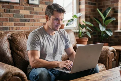 Homme jouant à des jeux simples sans inscription sur un ordinateur portable dans un salon cosy