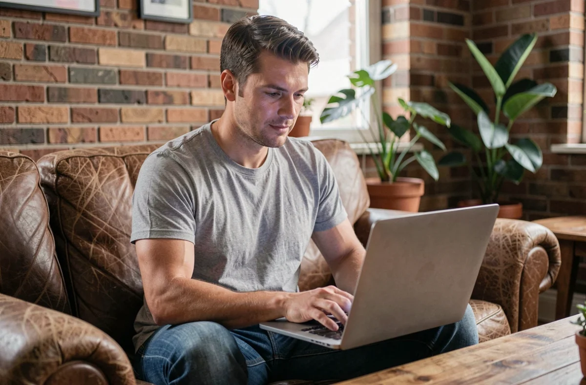 Homme jouant à des jeux simples sans inscription sur un ordinateur portable dans un salon cosy