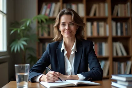 Journaliste française professionnelle assise à un bureau dans un cadre éditorial moderne, évoquant la vie publique et la discrétion de la sphère privée