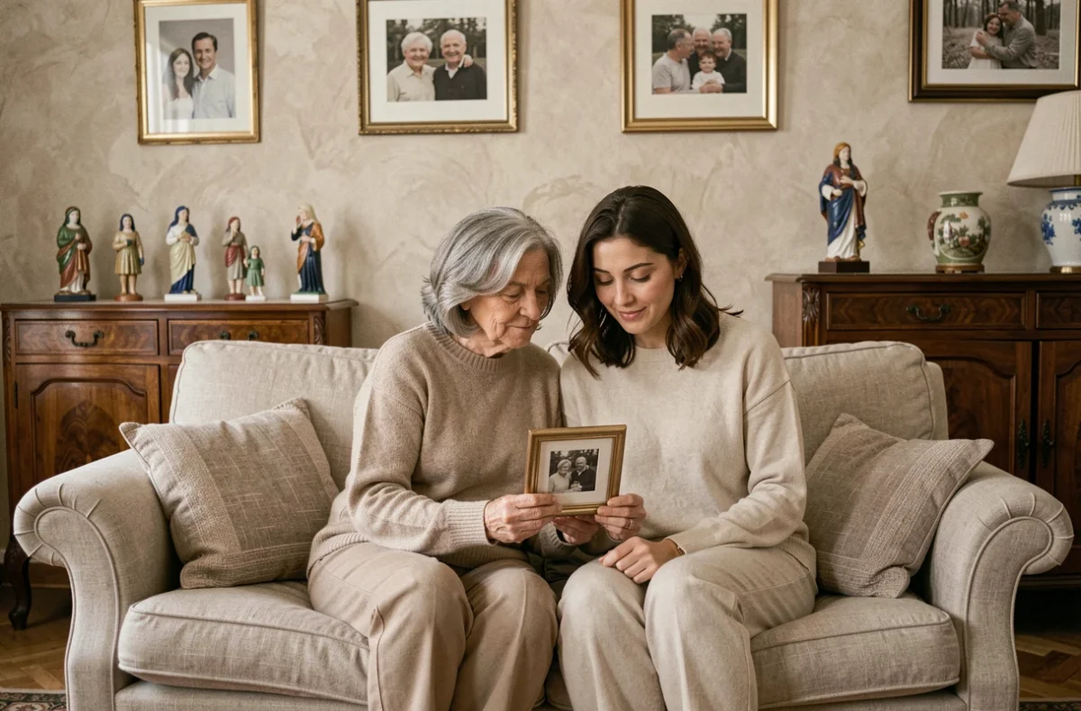 Deux femmes de générations différentes partageant un moment de mémoire familiale autour d'une photo ancienne dans un salon à l'italienne