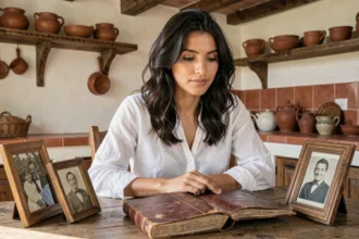 Jeune femme aux origines italiennes feuilletant un album de photos de famille dans une cuisine rustique italienne