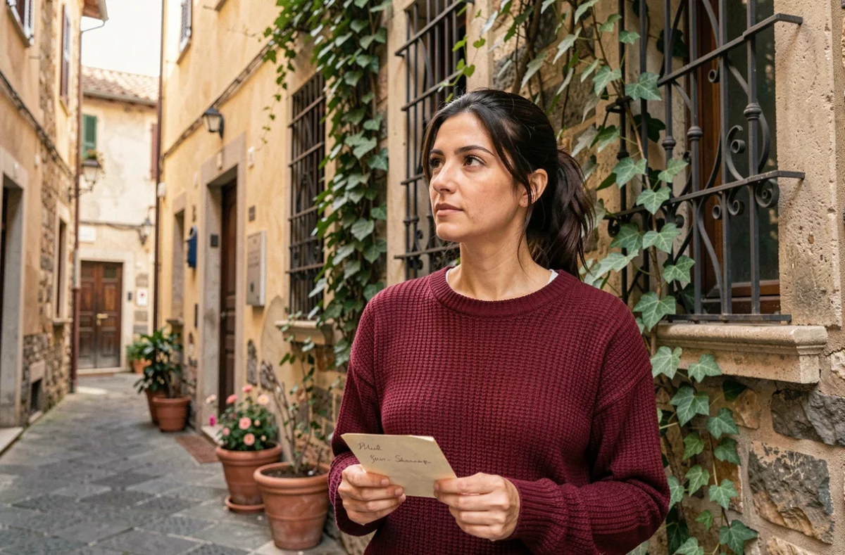 Femme d'origine italienne devant une façade en pierre typique d'un village du sud de l'Italie tenant une lettre manuscrite