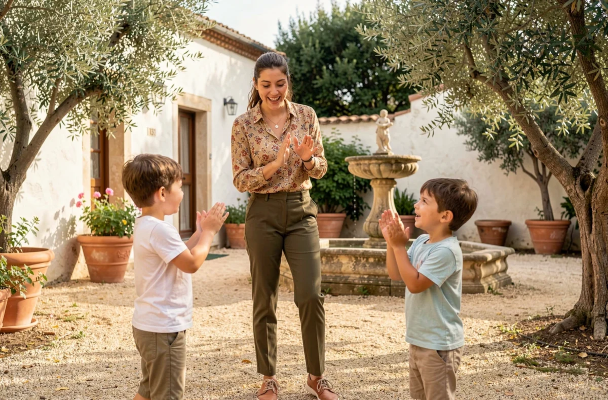 Une nounou de Leï Caganis Aix-en-Provence joue avec deux enfants dans un jardin provençal typique