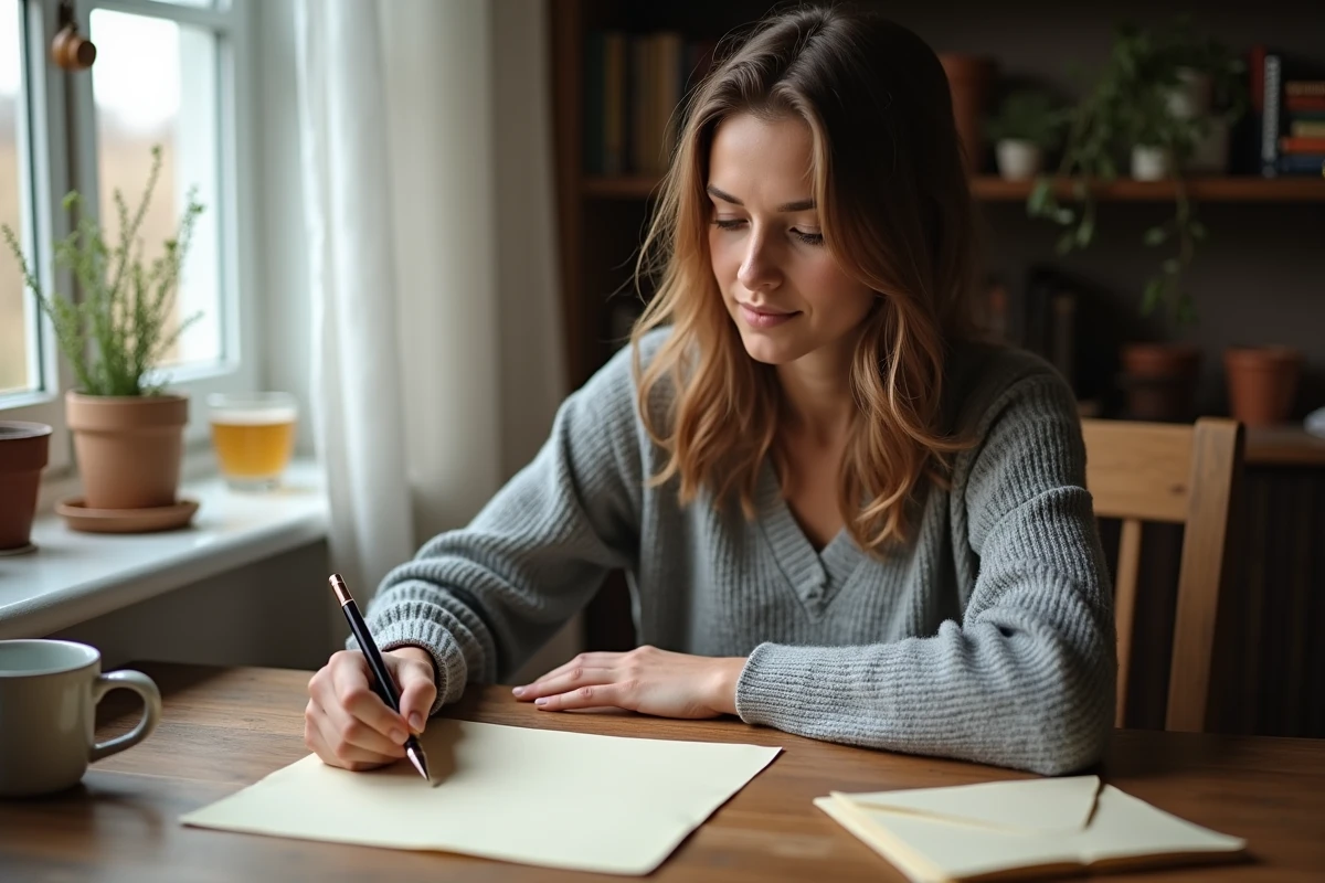 Femme écrivant une lettre manuscrite à la main pour tenter une réconciliation familiale, symbole de médiation et de dialogue avec des parents distants