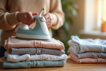 Linge d'enfant plié et repassé dans une ambiance chaleureuse