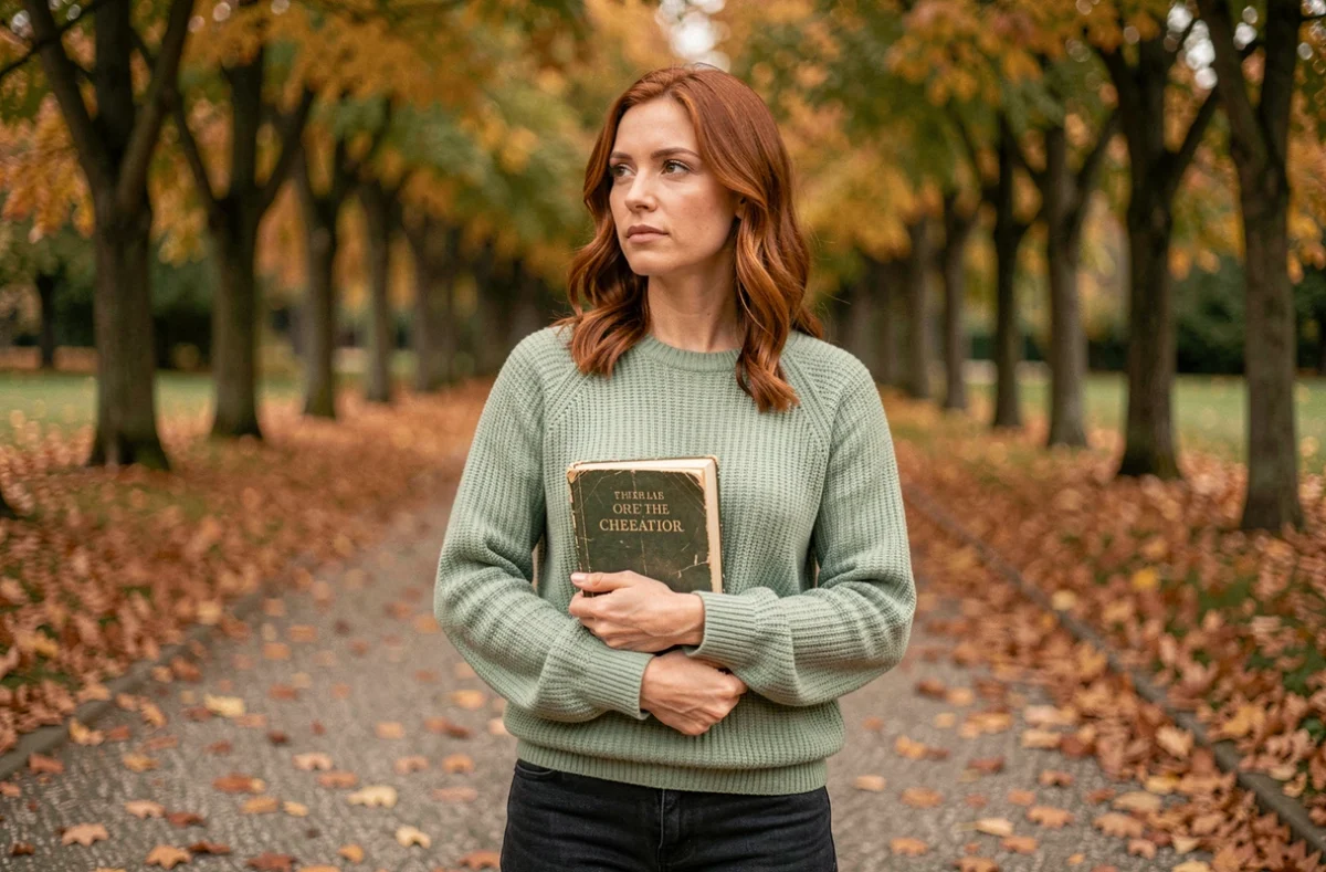 Femme aux cheveux auburn dans un parc en automne tenant un livre, évoquant la personnalité curieuse et sensible associée au prénom Lisa