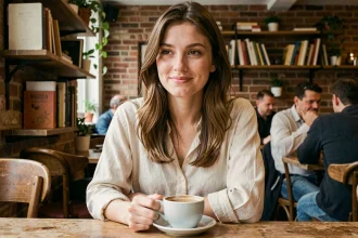 Jeune femme prénommée Lisa souriante dans un café parisien, portrait intimiste illustrant la personnalité chaleureuse et réfléchie associée au prénom Lisa