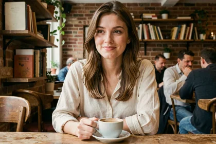 Jeune femme prénommée Lisa souriante dans un café parisien, portrait intimiste illustrant la personnalité chaleureuse et réfléchie associée au prénom Lisa