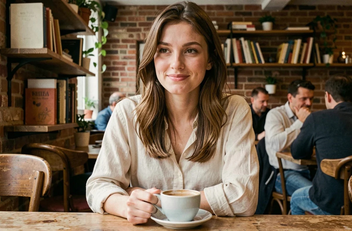 Jeune femme prénommée Lisa souriante dans un café parisien, portrait intimiste illustrant la personnalité chaleureuse et réfléchie associée au prénom Lisa