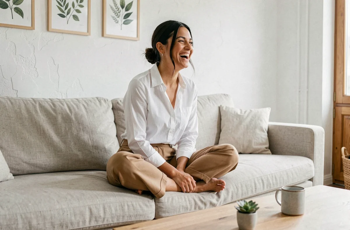 Jeune femme riant spontanément dans un appartement moderne et lumineux, portrait lifestyle illustrant la joie de vivre et l'authenticité liées au prénom Lisa