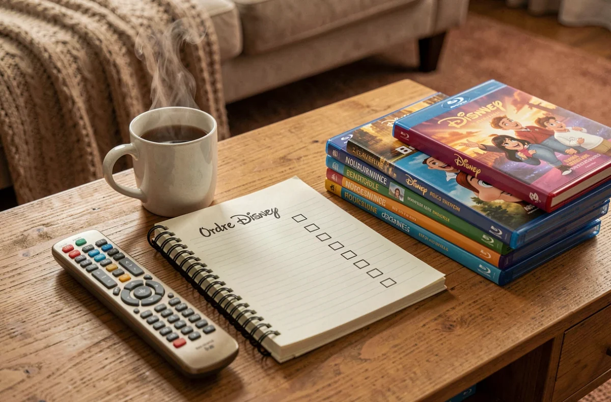 Liste manuscrite de l'ordre de visionnage Disney sur carnet avec boîtiers Blu-ray et mug sur table basse