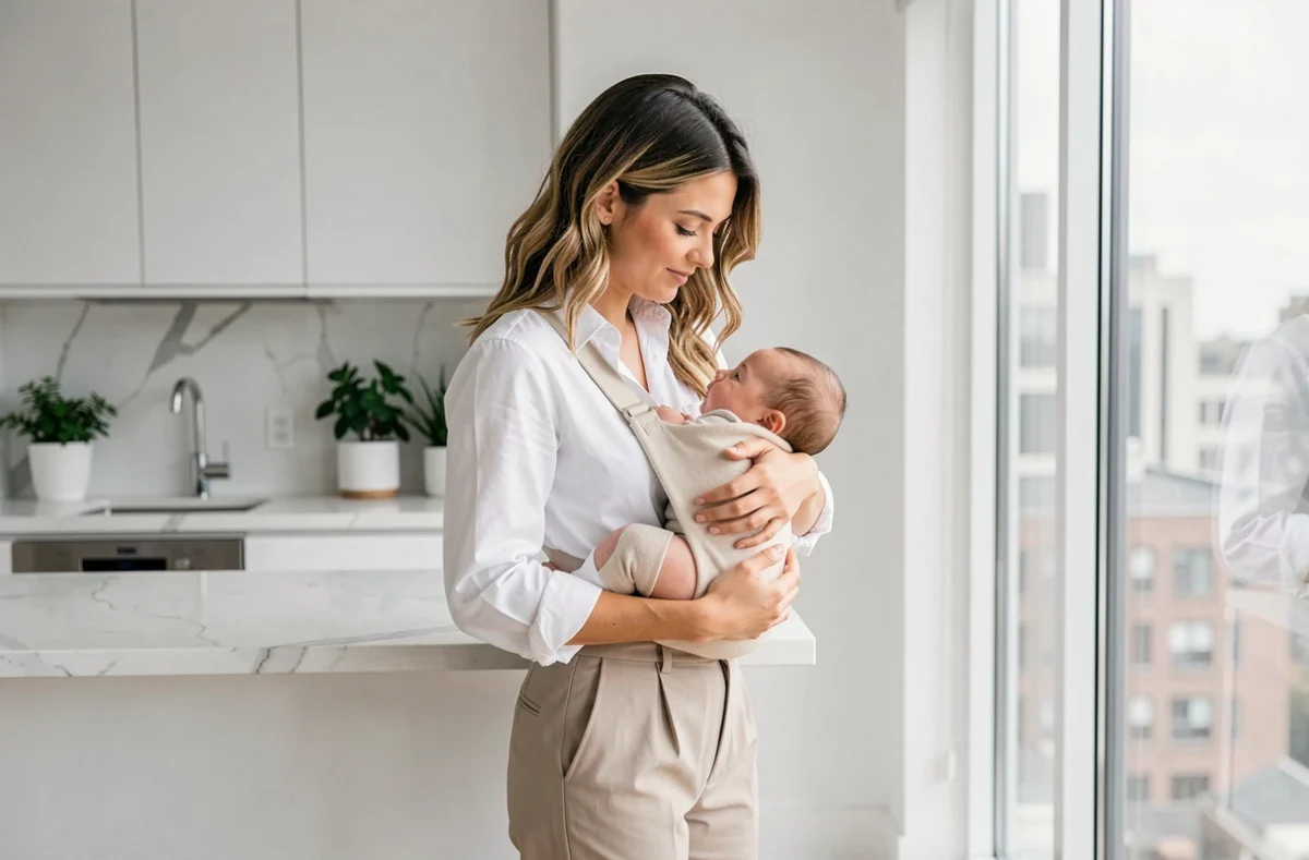 Maman portant son bébé en écharpe dans une cuisine moderne lumineuse avec vue sur la ville