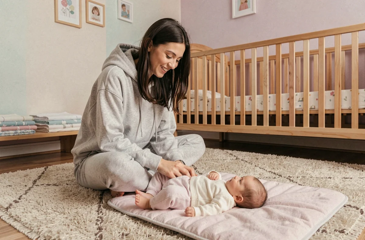 Jeune maman souriante jouant avec son bébé sur un tapis dans une chambre de bébé décorée en tons pastel