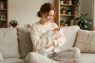Jeune maman française tenant tendrement son nouveau-né contre elle dans un salon chaleureux et naturel
