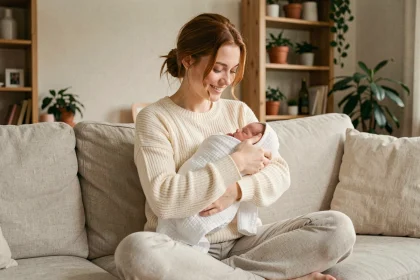 Jeune maman française tenant tendrement son nouveau-né contre elle dans un salon chaleureux et naturel