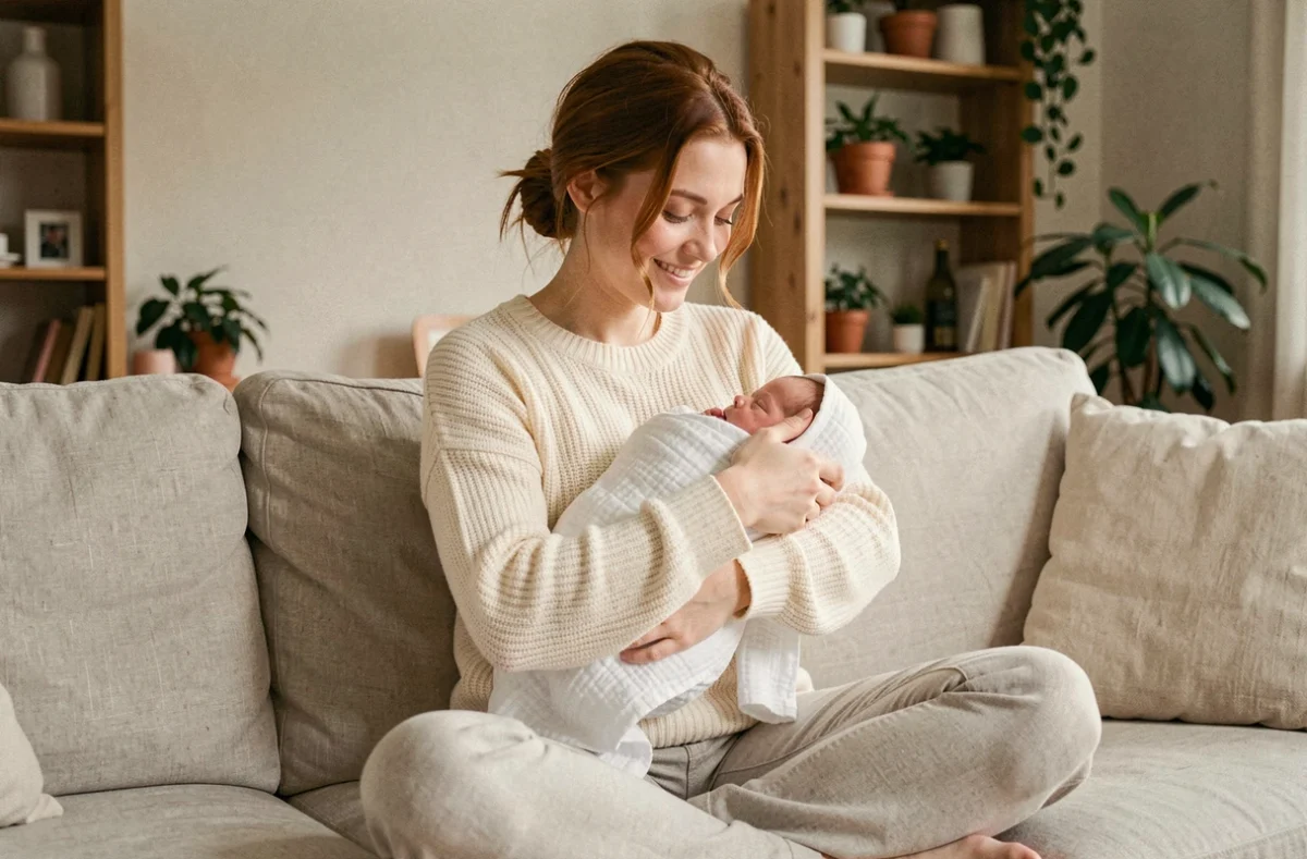 Jeune maman française tenant tendrement son nouveau-né contre elle dans un salon chaleureux et naturel