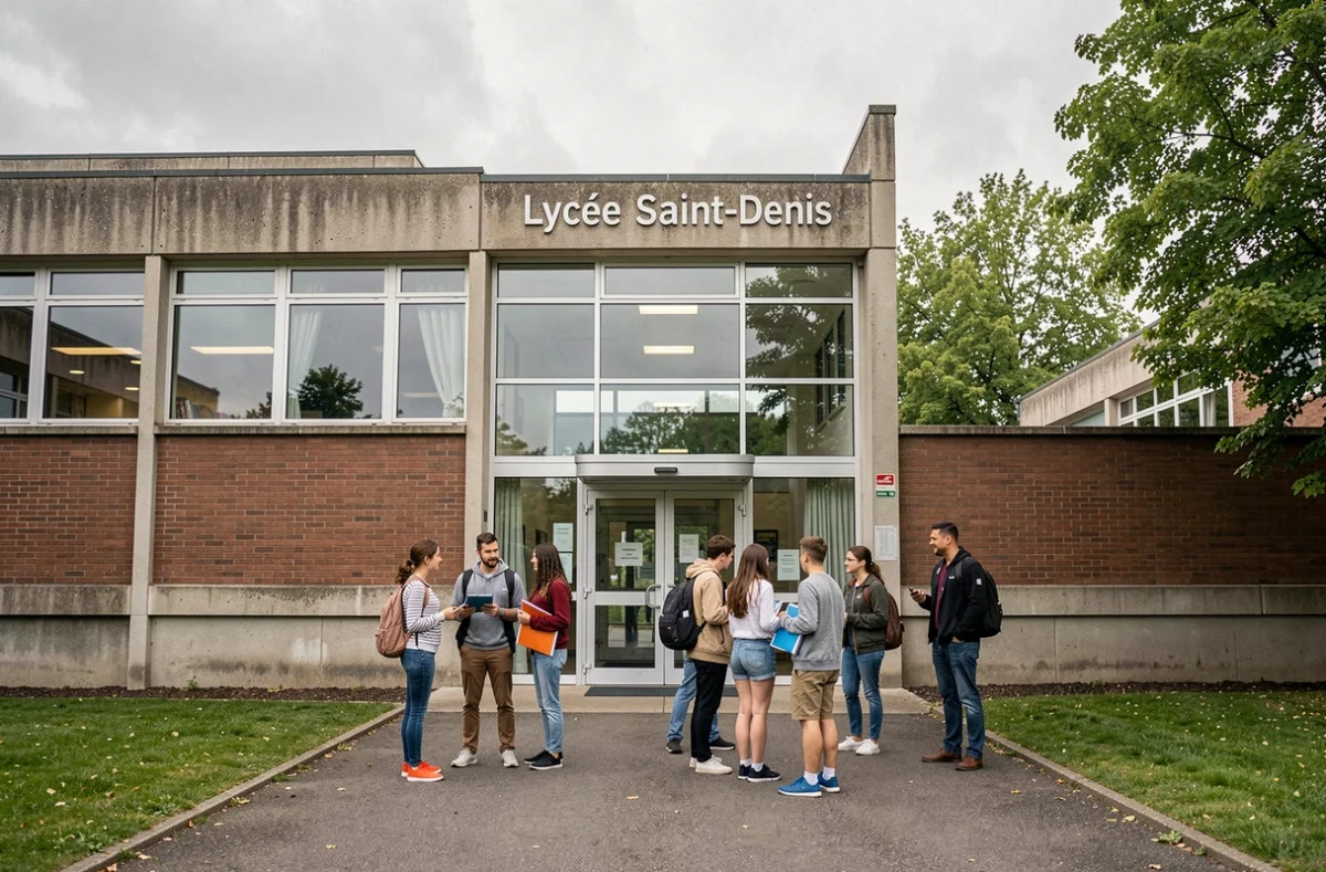 Entrée du Lycée polyvalent privé Saint-Denis dans le Pas-de-Calais avec des lycéens devant la façade moderniste