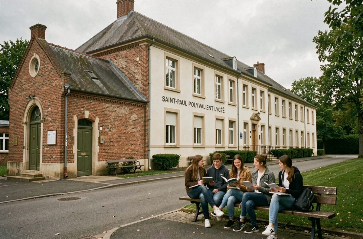 Lycée polyvalent privé Saint-Paul dans le Pas-de-Calais, élèves étudiant en extérieur sur le campus avec chapelle en arrière-plan