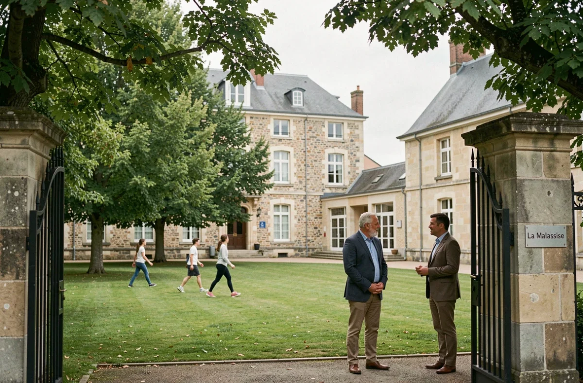 Campus du Lycée privé La Malassise dans le Pas-de-Calais avec enseignants et élèves dans un cadre arboré