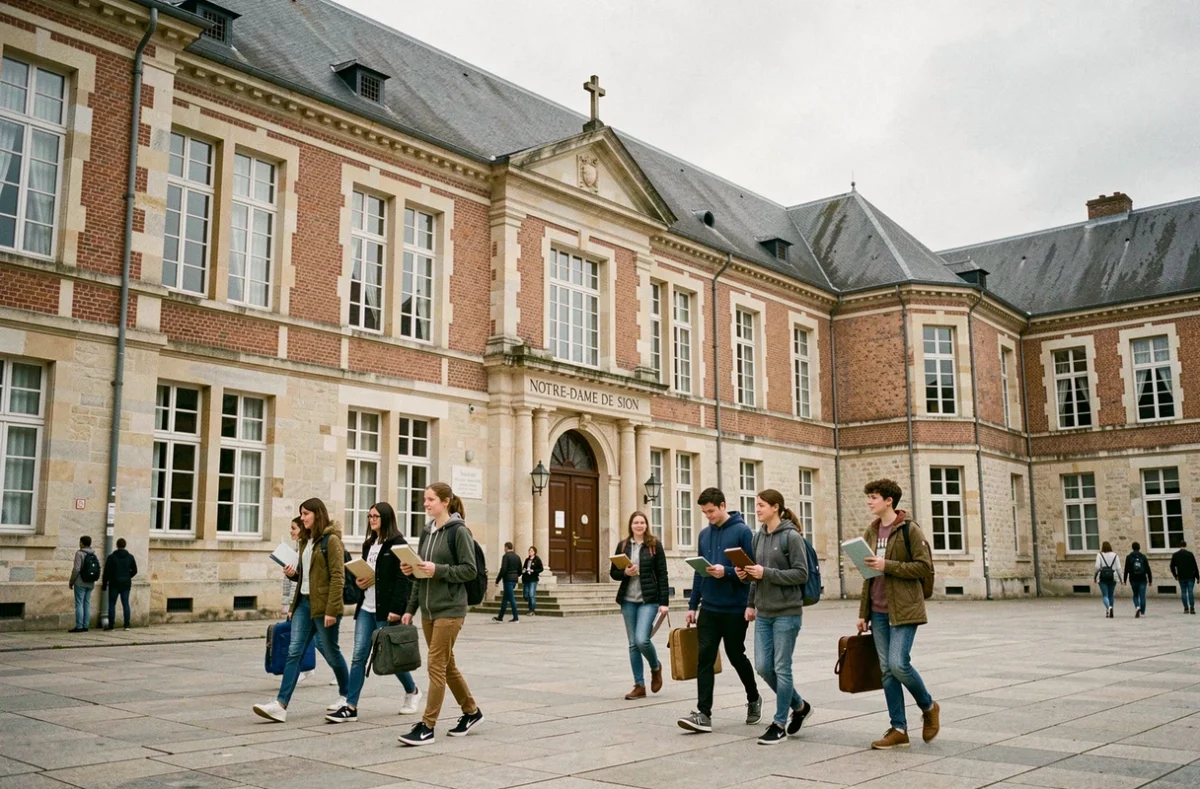 Lycée privé Notre-Dame de Sion dans le Pas-de-Calais, avec des lycéens traversant la cour devant la façade religieuse
