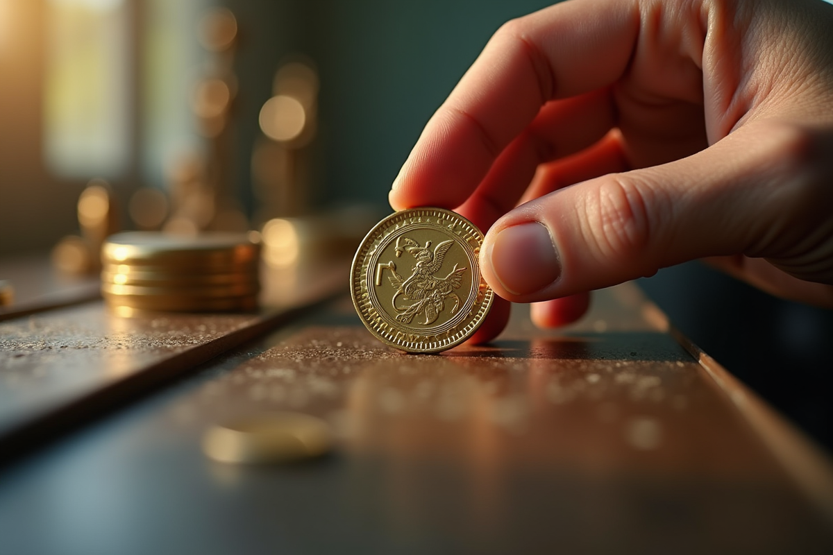 Main tenant une pièce de monnaie rare avec collection en arrière-plan
