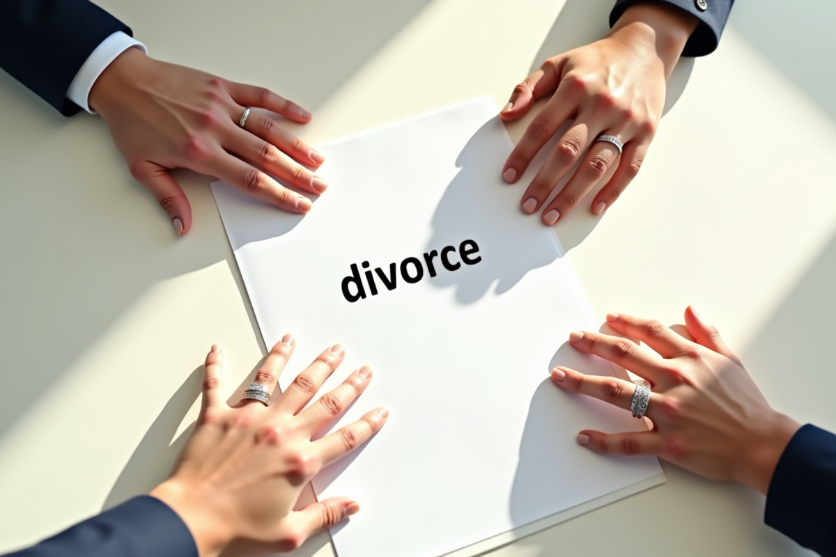 Plusieurs mains avec alliances autour d un document divorce