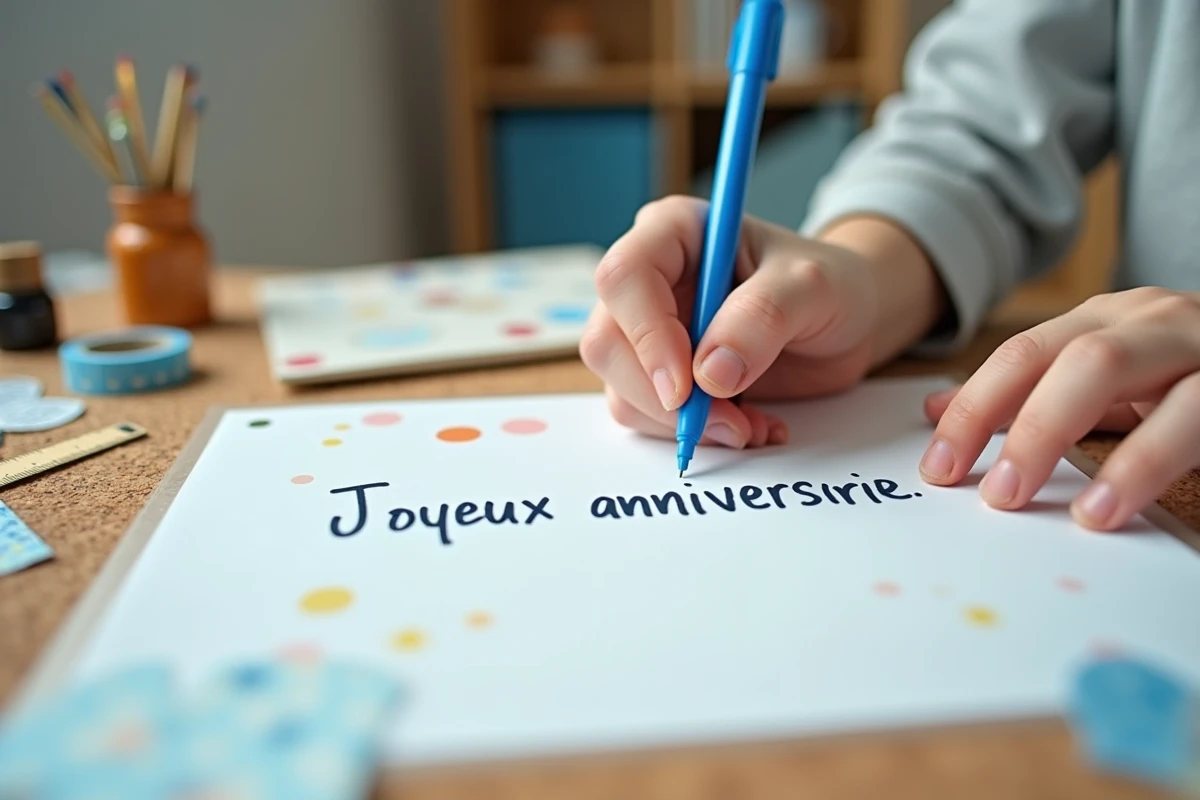 Gros plan des mains d'un enfant écrivant soigneusement un message d'anniversaire à la plume feutre sur une carte blanche décorée