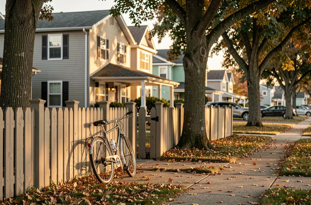 Maison familiale de banlieue avec vélo appuyé contre une clôture en bois et feuilles d'automne sur le chemin