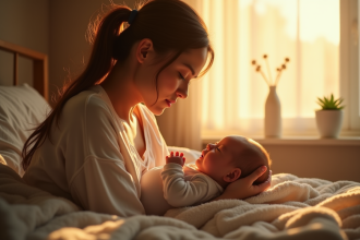 Maman allaitant son bébé dans une pièce lumineuse et paisible