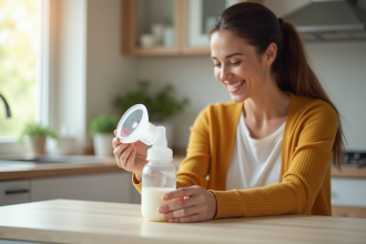 Maman souriante verse du lait maternel dans un biberon