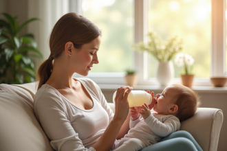 Jeune maman nourrissant son bébé dans un salon lumineux