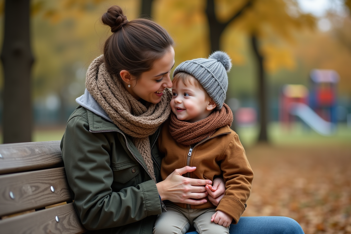 Jeune femme avec son enfant sur un banc de parc en automne