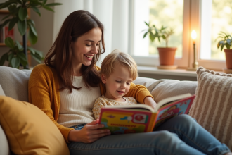 Maman et enfant lisant un livre dans un salon chaleureux