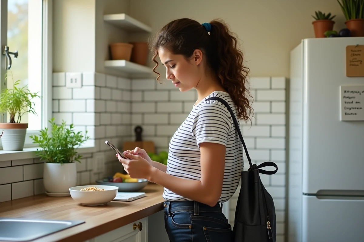 Jeune maman solo consultant le blog mama-bears.fr sur son smartphone pendant la routine matinale dans la cuisine