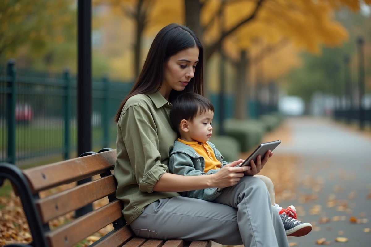 Maman solo lisant des conseils sur mama-bears.fr sur une tablette assise dans un parc en automne