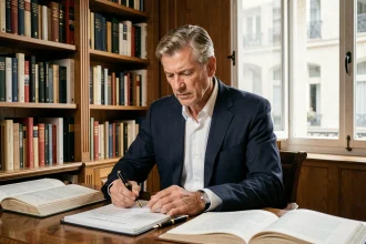 Homme en veston marine assis à un bureau en bois, entouré de livres et de documents, dans un bureau parisien classique avec bibliothèque