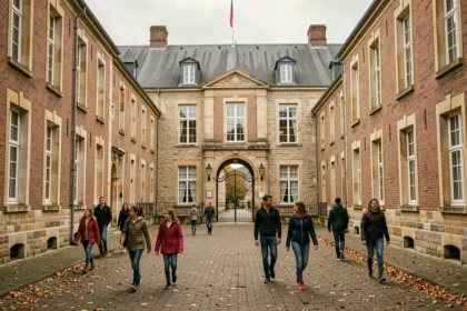Cour d'une école privée dans le Nord avec des élèves et des bâtiments en brique typiques de la région