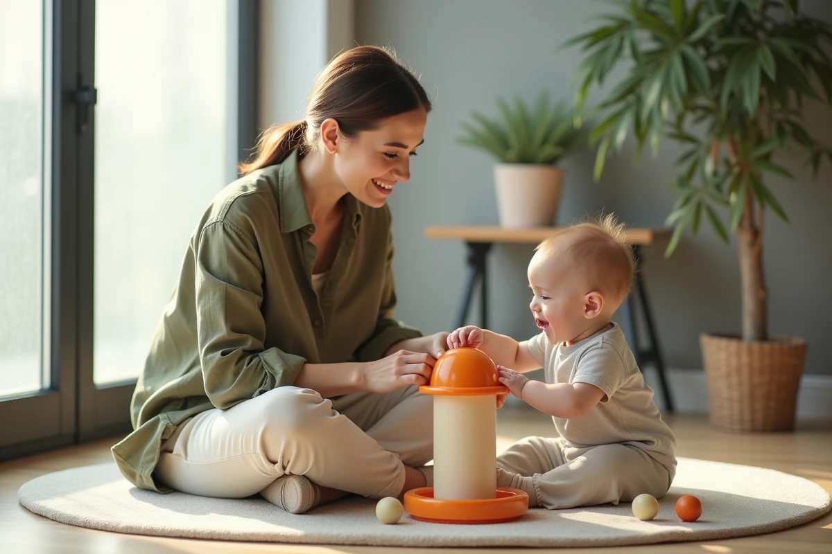 Mère et bébé de 1 an jouant ensemble avec un jouet à billes cause-effet sur un tapis de jeu, stimulation de la motricité et de l'éveil