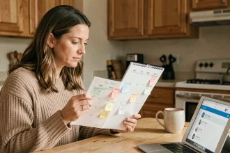 Mère séparée consultant un calendrier semaines paires et impaires pour organiser la garde alternée de ses enfants
