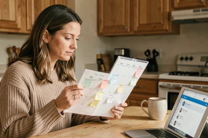 Mère séparée consultant un calendrier semaines paires et impaires pour organiser la garde alternée de ses enfants