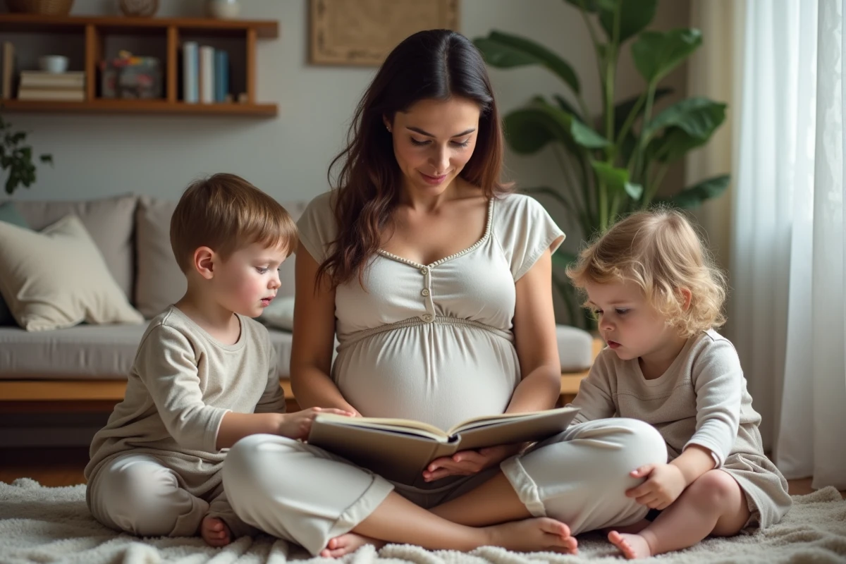 Mère enceinte lisant un livre à ses enfants dans un salon familial chaleureux et naturel