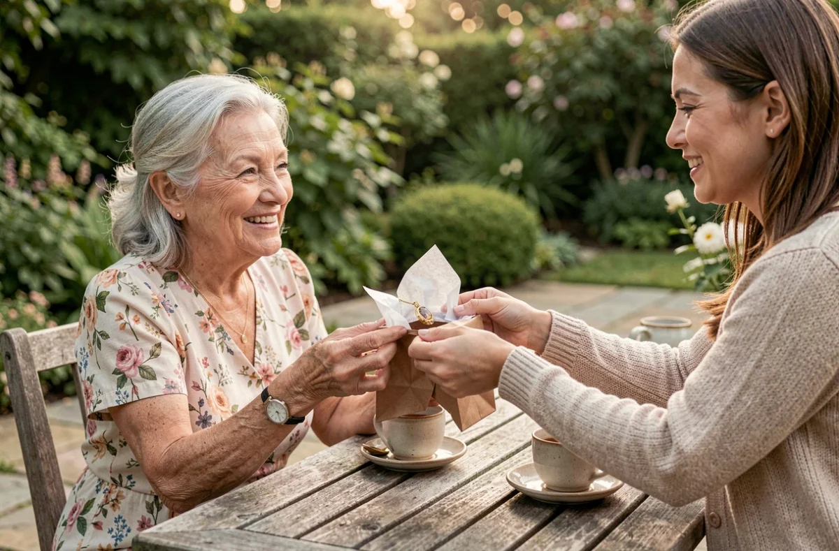 Mère et fille partageant un moment émouvant autour d'un cadeau pendentif avec pierres de naissance dans un jardin familial