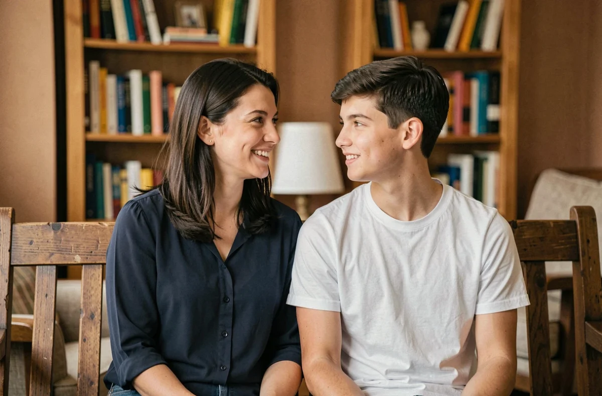 Mère et fils adolescent partageant un moment complice dans un salon chaleureux, symbolisant l'évolution familiale au fil des années