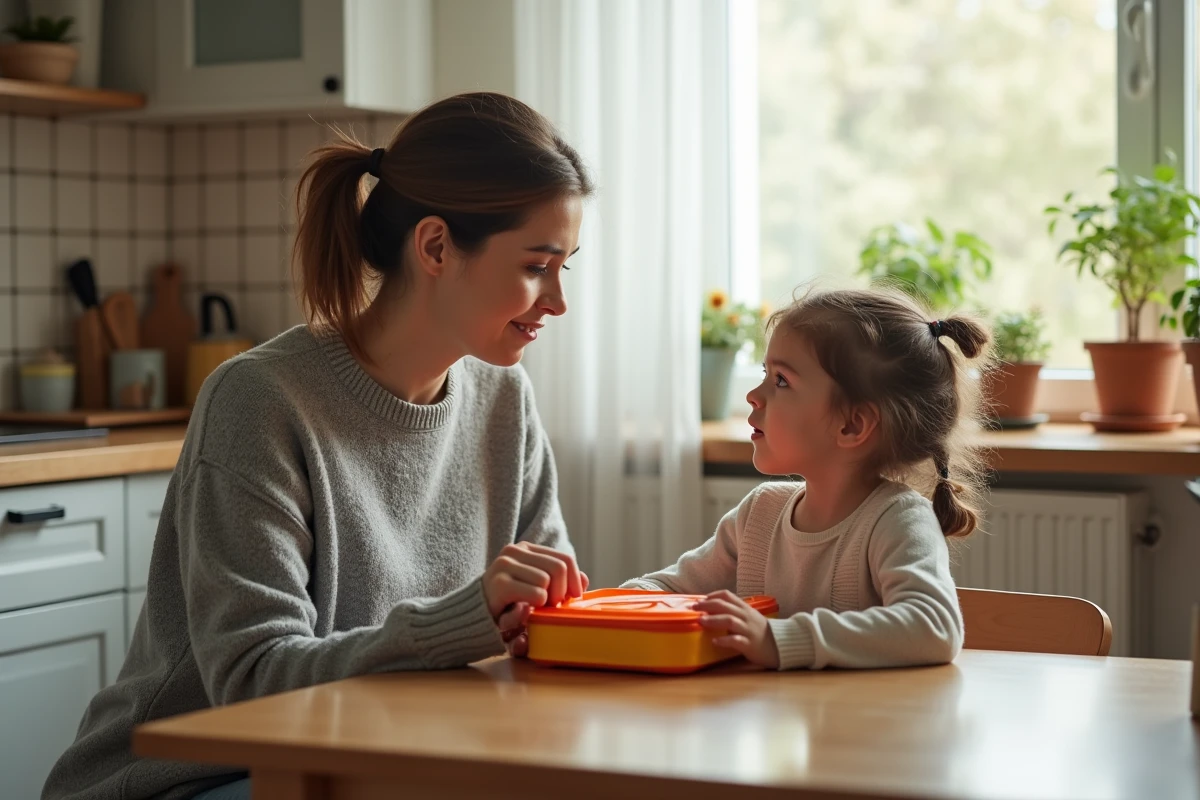Mère expliquant calmement la grève de la cantine à sa fille à la table de la cuisine familiale