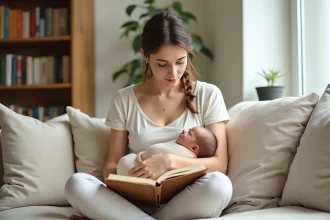 Jeune mère tenant son nouveau-né en consultant un livre des prénoms, évoquant la signification et l'origine du prénom Noah