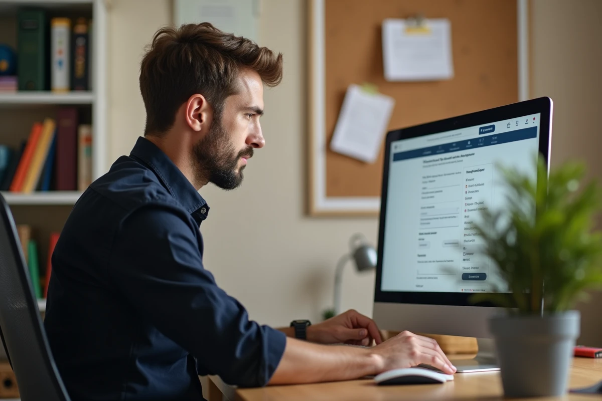 Nounou agréé remplissant une déclaration Pajemploi en ligne sur ordinateur dans un bureau à domicile organisé